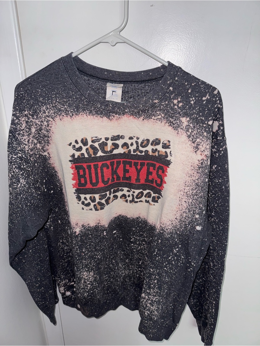 Bleached Acid-Wash "Buckeyes" Leopard Print Crewneck